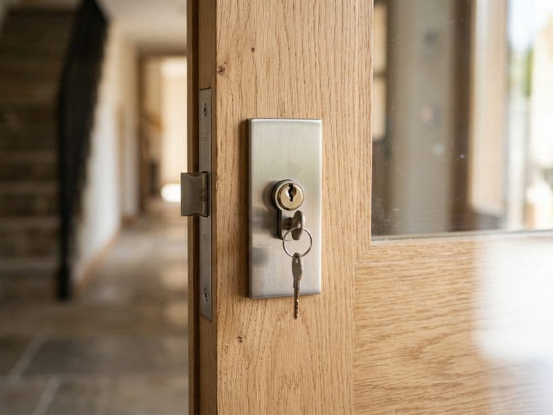 Cerradura simple renovada en la puerta de un portal de Pontevedra