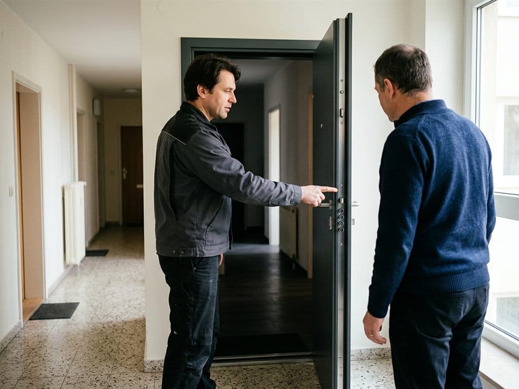 Puerta acorazada de acero instalada en el rellano de un piso en Pontevedra
